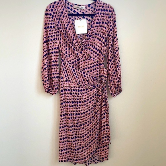 Diane Von Frustenberg Pink blue Draco Abstract print  3/4 sleeve dress 4 NWT - Picture 4 of 10